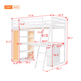 Wooden Twin Size Loft Bed with Ladder, Shelves, and Desk