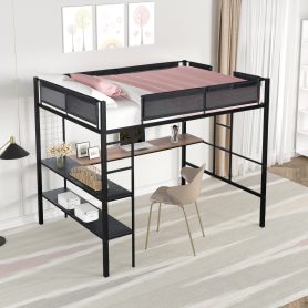 Metal Full-sized Loft Bed with Wood Slat, Textilene Guardrail & Built-in Desk & 2-tier Shelves