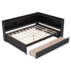 Full Size Daybed With L-Shaped Bookcases and Drawers