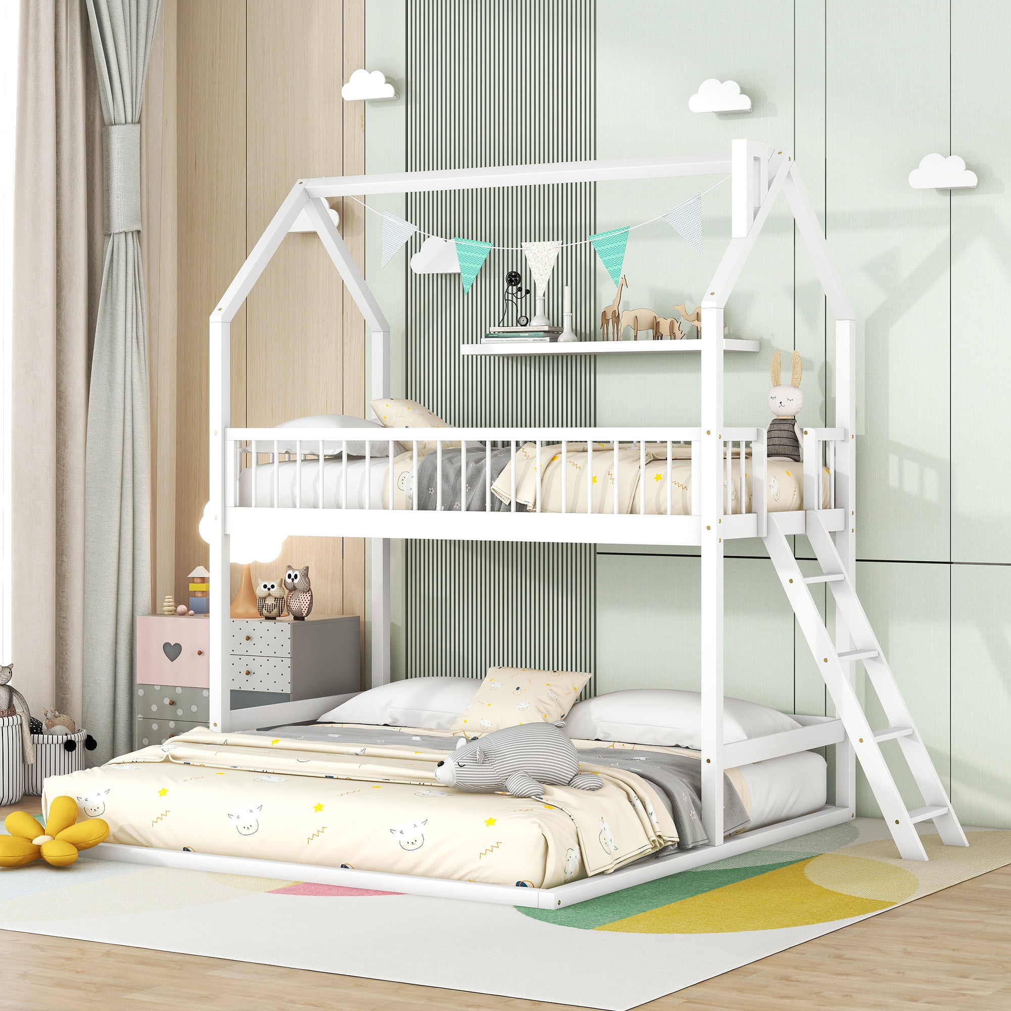 Twin Over Twin-Twin House Bunk Bed With Extending Trundle And Ladder