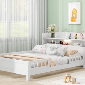 Wood Full Size Platform Bed with Built-in LED Light, Storage Headboard and Guardrail