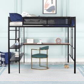 Metal Full-sized Loft Bed with Wood Slat, Textilene Guardrail & Built-in Desk & 2-tier Shelves