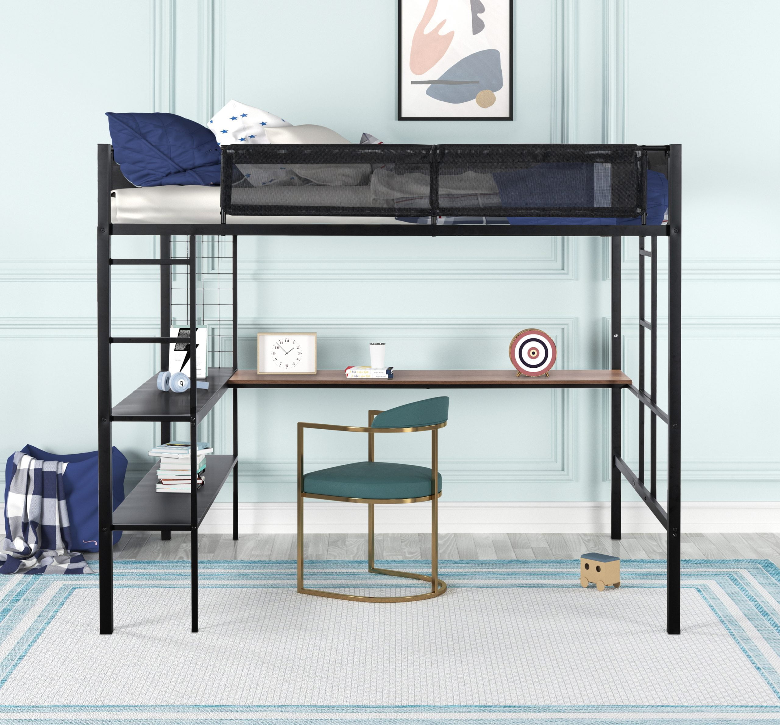 Metal Full-sized Loft Bed with Wood Slat, Textilene Guardrail & Built-in Desk & 2-tier Shelves