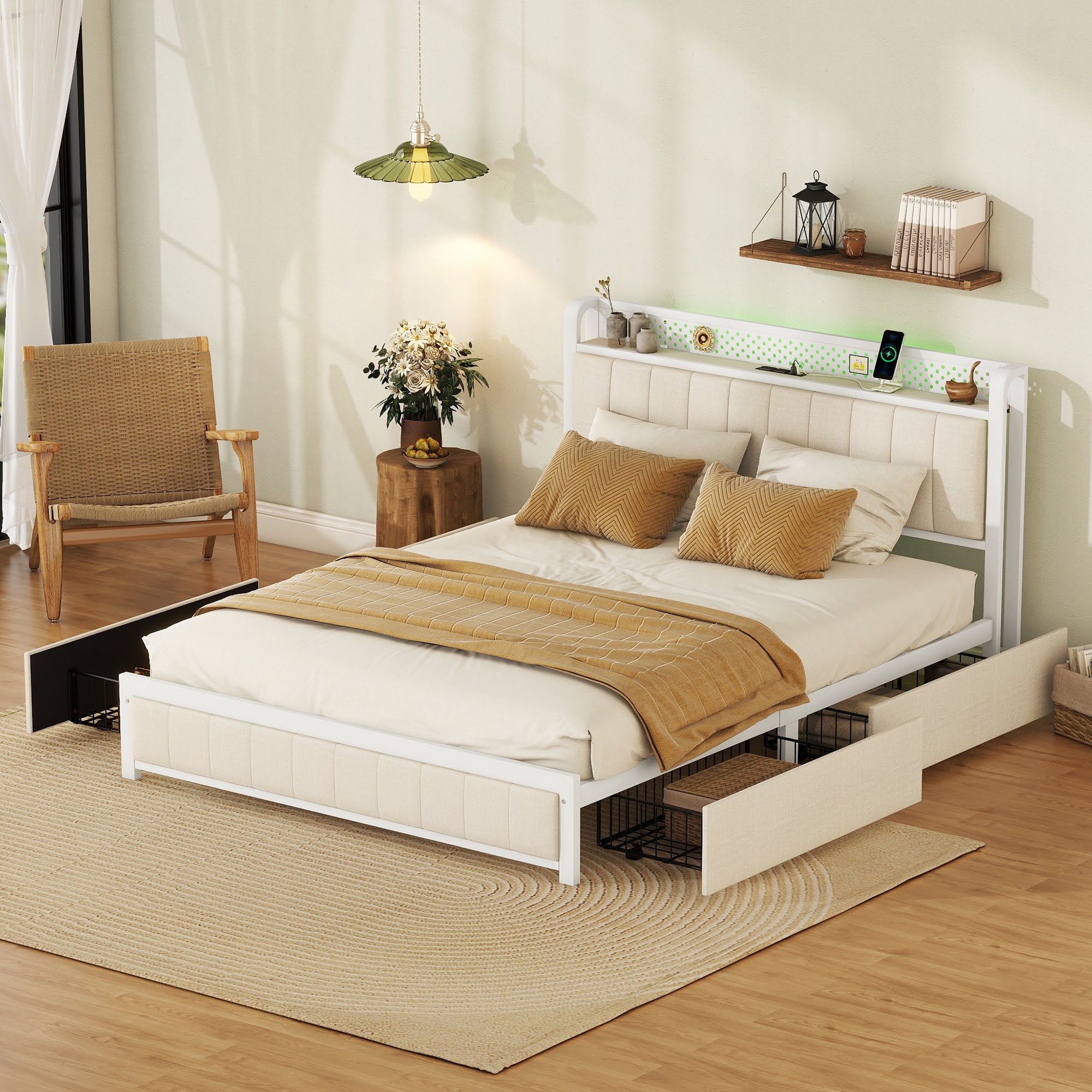 Queen Bed Frame With LED Headboard, 4 Storage Drawers And USB Ports
