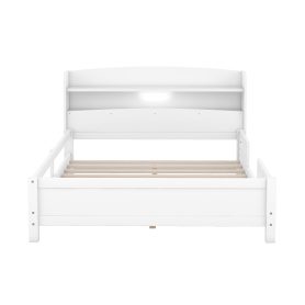 Wood Full Size Platform Bed with Built-in LED Light, Storage Headboard and Guardrail