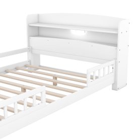 Wood Full Size Platform Bed with Built-in LED Light, Storage Headboard and Guardrail