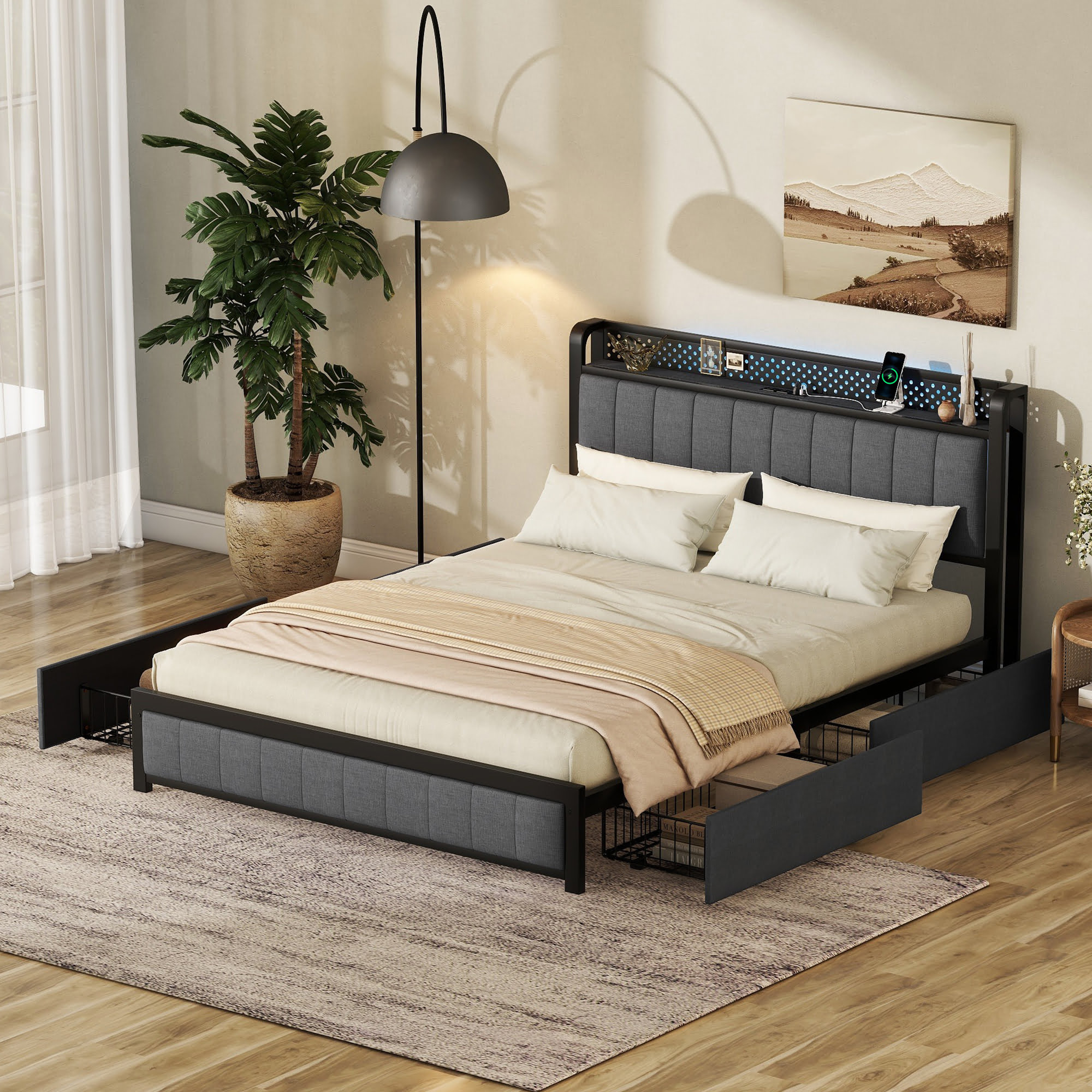 Queen Bed Frame With LED Headboard, 4 Storage Drawers And USB Ports