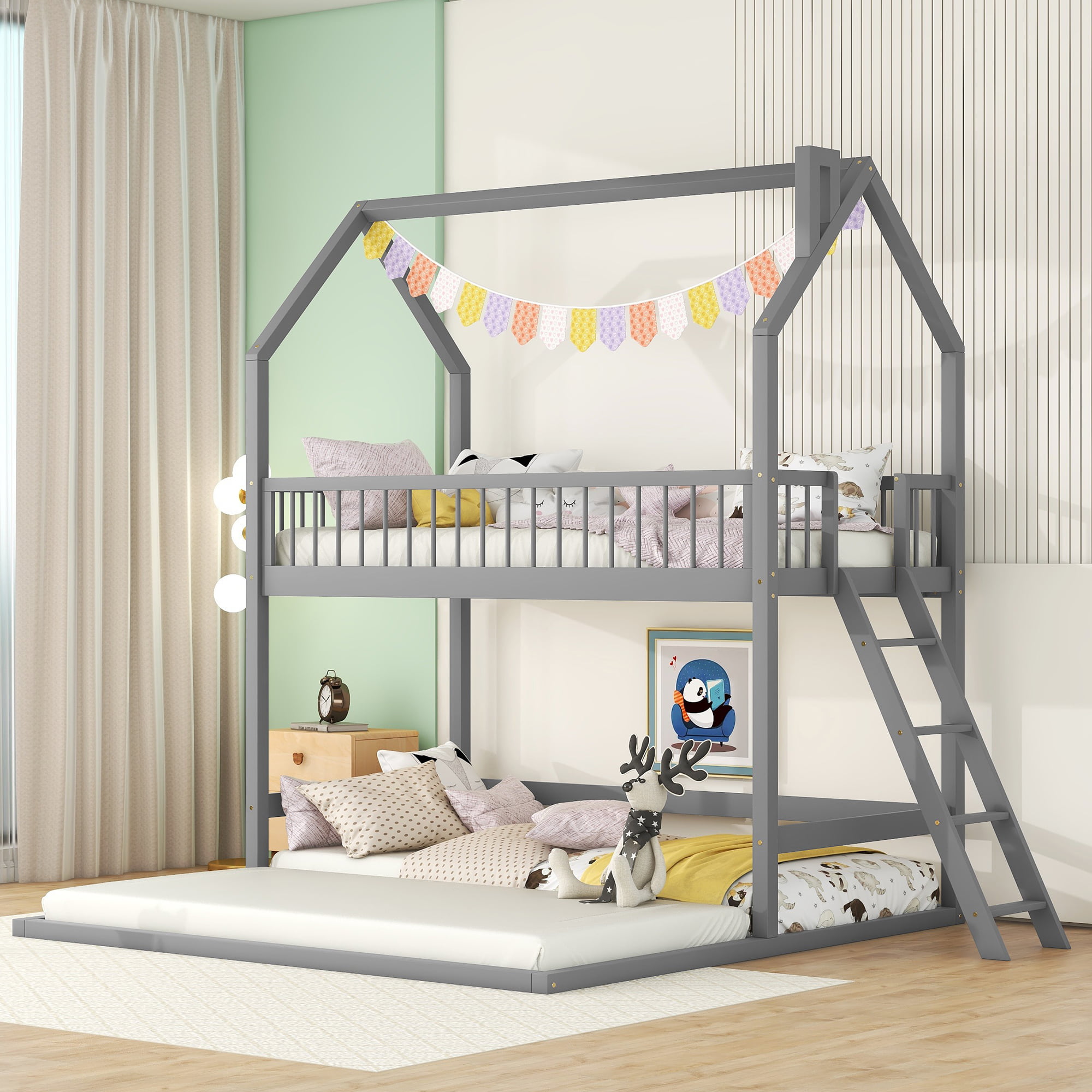 Twin Over Twin-Twin House Bunk Bed With Extending Trundle And Ladder