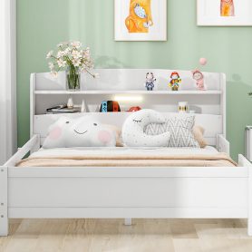 Wood Full Size Platform Bed with Built-in LED Light, Storage Headboard and Guardrail