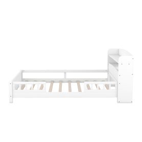 Wood Full Size Platform Bed with Built-in LED Light, Storage Headboard and Guardrail