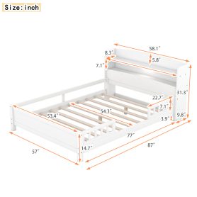 Wood Full Size Platform Bed with Built-in LED Light, Storage Headboard and Guardrail