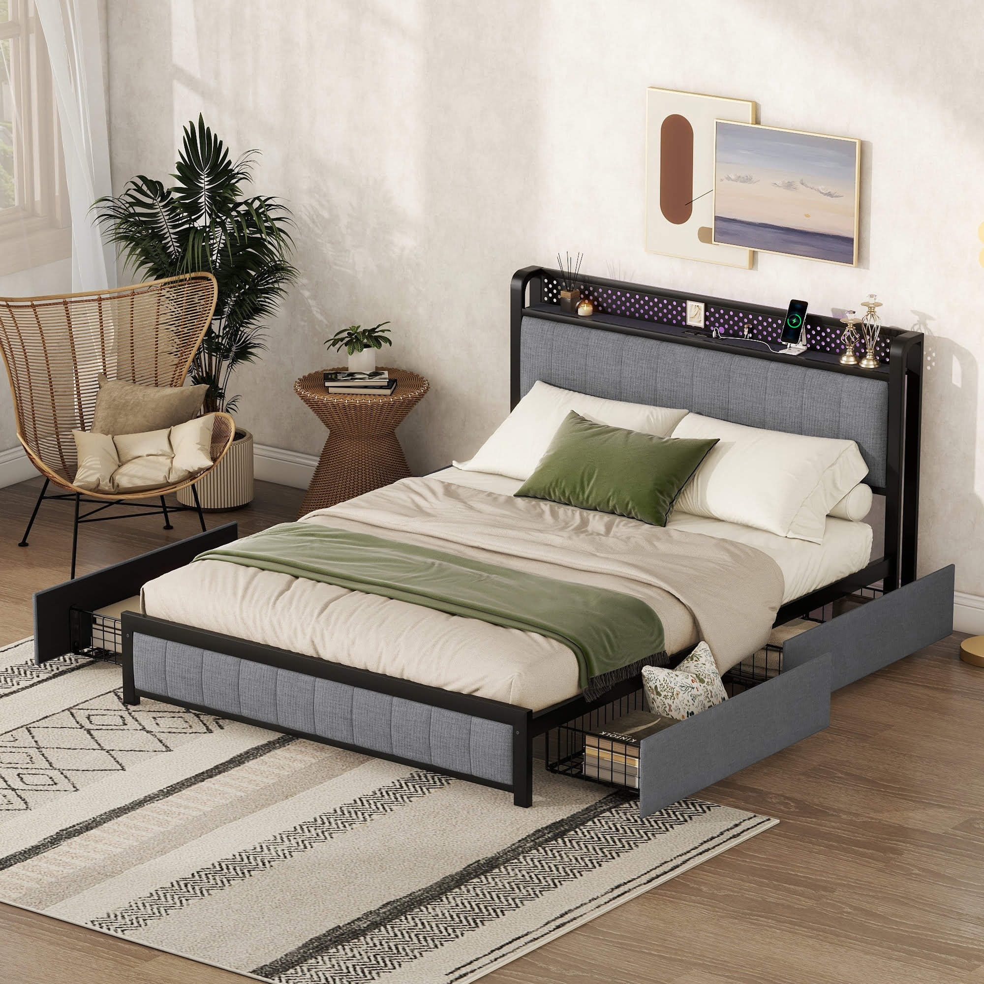 Queen Size Bed Frame With LED Headboard,  4 Storage Drawers And USB Ports