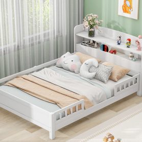 Wood Full Size Platform Bed with Built-in LED Light, Storage Headboard and Guardrail