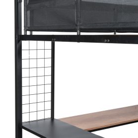 Metal Full-sized Loft Bed with Wood Slat, Textilene Guardrail & Built-in Desk & 2-tier Shelves