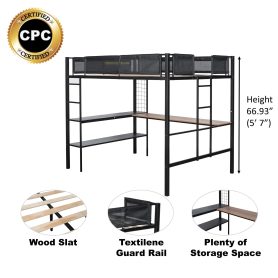 Metal Full-sized Loft Bed with Wood Slat, Textilene Guardrail & Built-in Desk & 2-tier Shelves