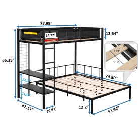 Metal Twin over Full Bunk Bed with Separated Full Bed, Grid Panel & Shelf