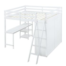 Full Size Loft Bed With Wardrobe, Desk And Shelves