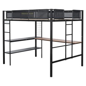 Metal Full-sized Loft Bed with Wood Slat, Textilene Guardrail & Built-in Desk & 2-tier Shelves
