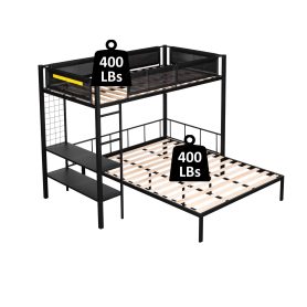 Metal Twin over Full Bunk Bed with Separated Full Bed, Grid Panel & Shelf