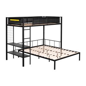 Metal Twin over Full Bunk Bed with Separated Full Bed, Grid Panel & Shelf