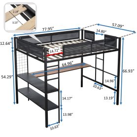Metal Full-sized Loft Bed with Wood Slat, Textilene Guardrail & Built-in Desk & 2-tier Shelves