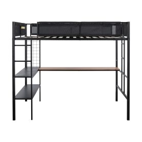 Metal Full-sized Loft Bed with Wood Slat, Textilene Guardrail & Built-in Desk & 2-tier Shelves