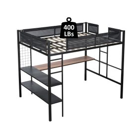 Metal Full-sized Loft Bed with Wood Slat, Textilene Guardrail & Built-in Desk & 2-tier Shelves