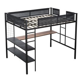 Metal Full-sized Loft Bed with Wood Slat, Textilene Guardrail & Built-in Desk & 2-tier Shelves