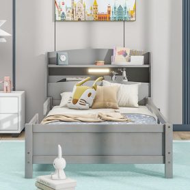 Wood Twin Size Platform Bed with Built-in LED Light, Storage Headboard and Guardrail