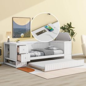 Twin Size Daybed with Storage Arms, Trundle and Charging Station