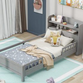 Wood Twin Size Platform Bed with Built-in LED Light, Storage Headboard and Guardrail