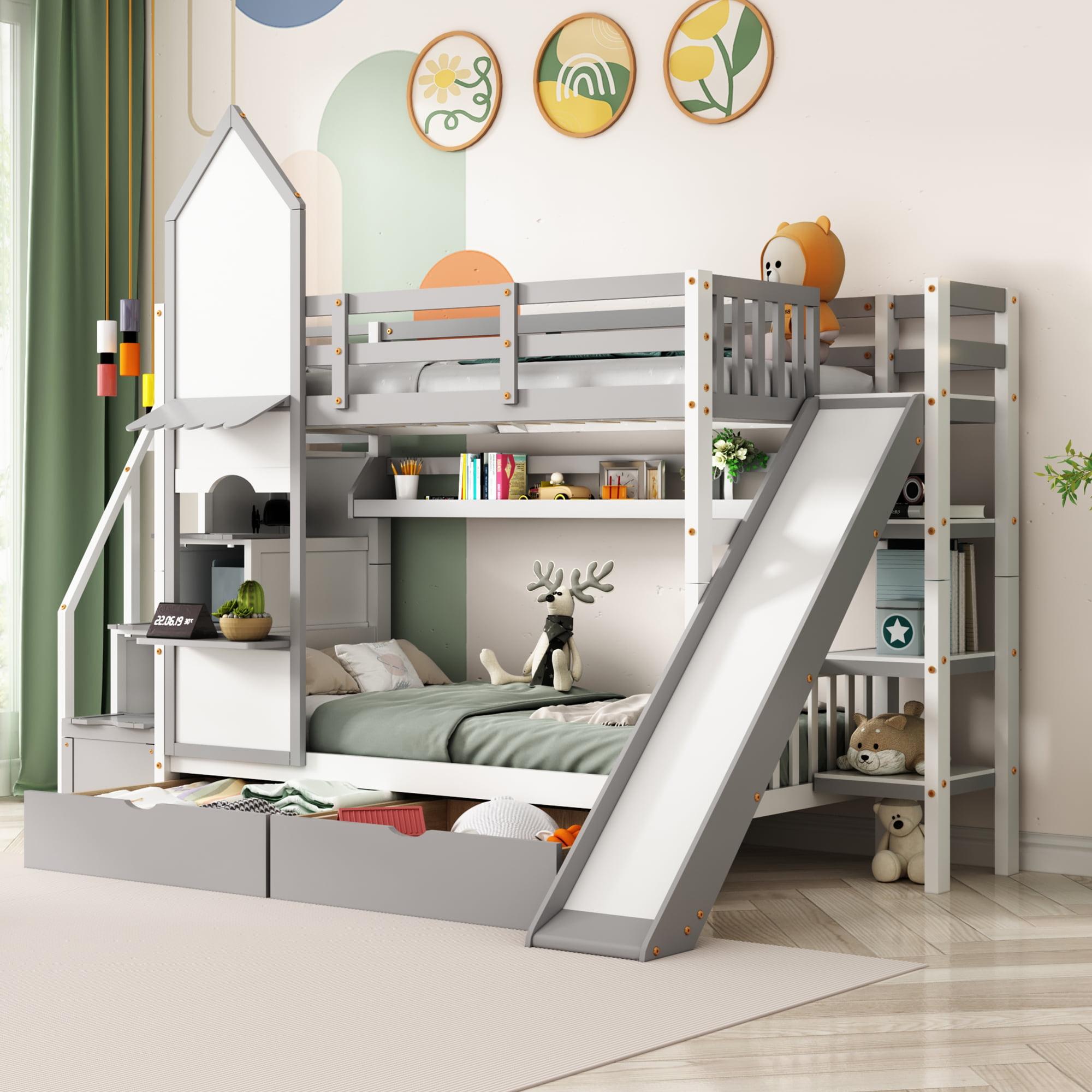 Castle Style Twin over Twin Bunk Bed With 2 Drawers 3 Shelves And Slide