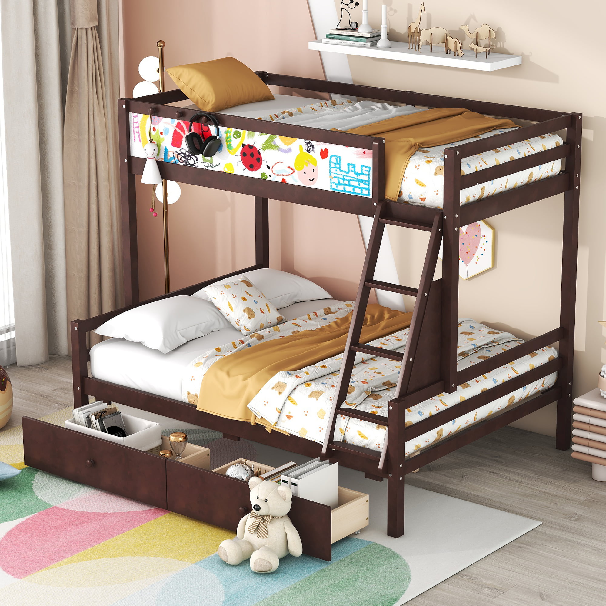 Wood Twin Over Full Bunk Bed With Whiteboard, 3 Hooks And 2 Drawers