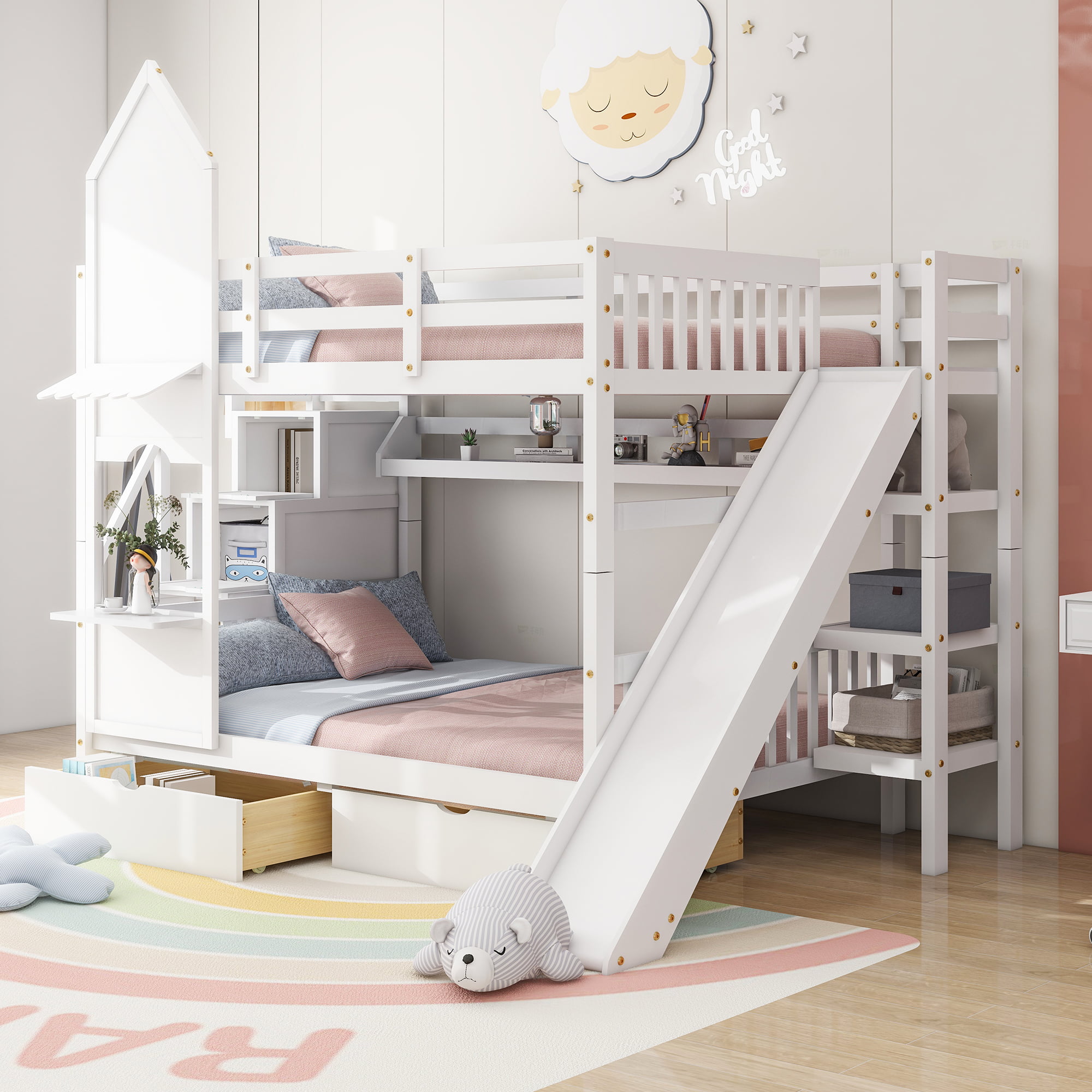 Castle Style Full over Full Bunk Bed With 2 Drawers 3 Shelves And Slide