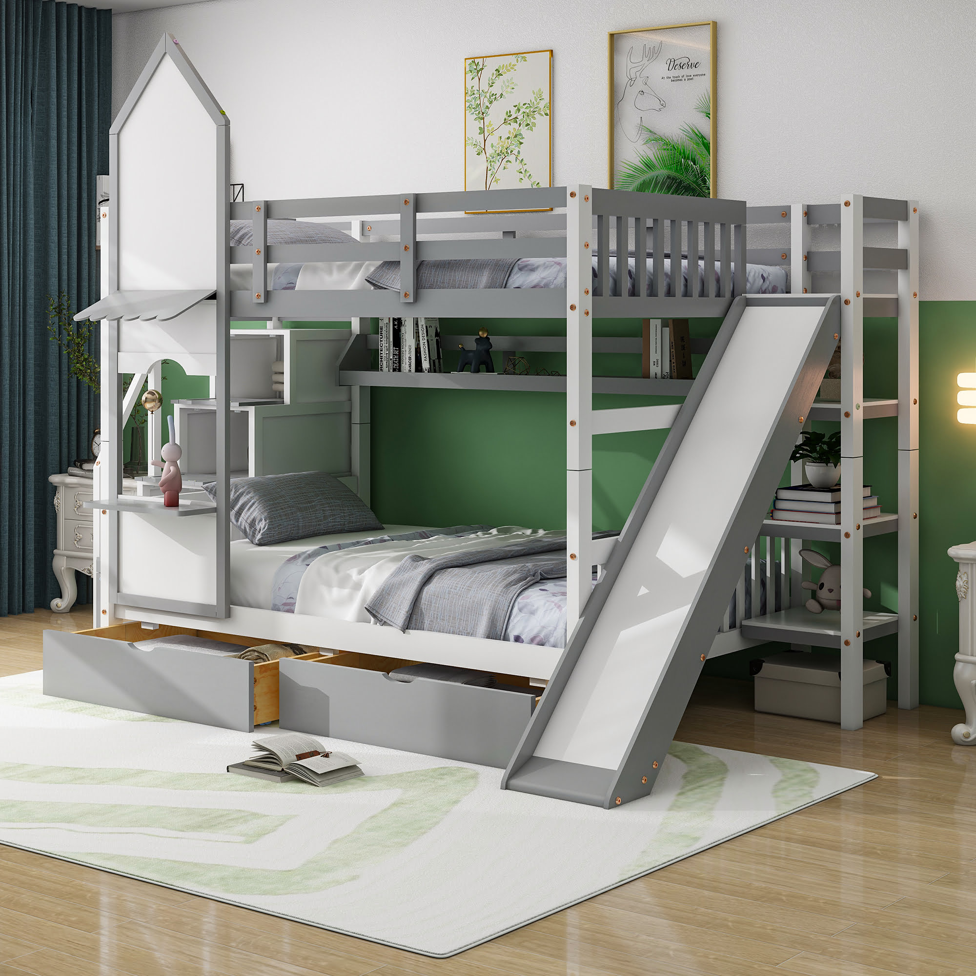 Castle Style Full over Full Bunk Bed With 2 Drawers 3 Shelves And Slide
