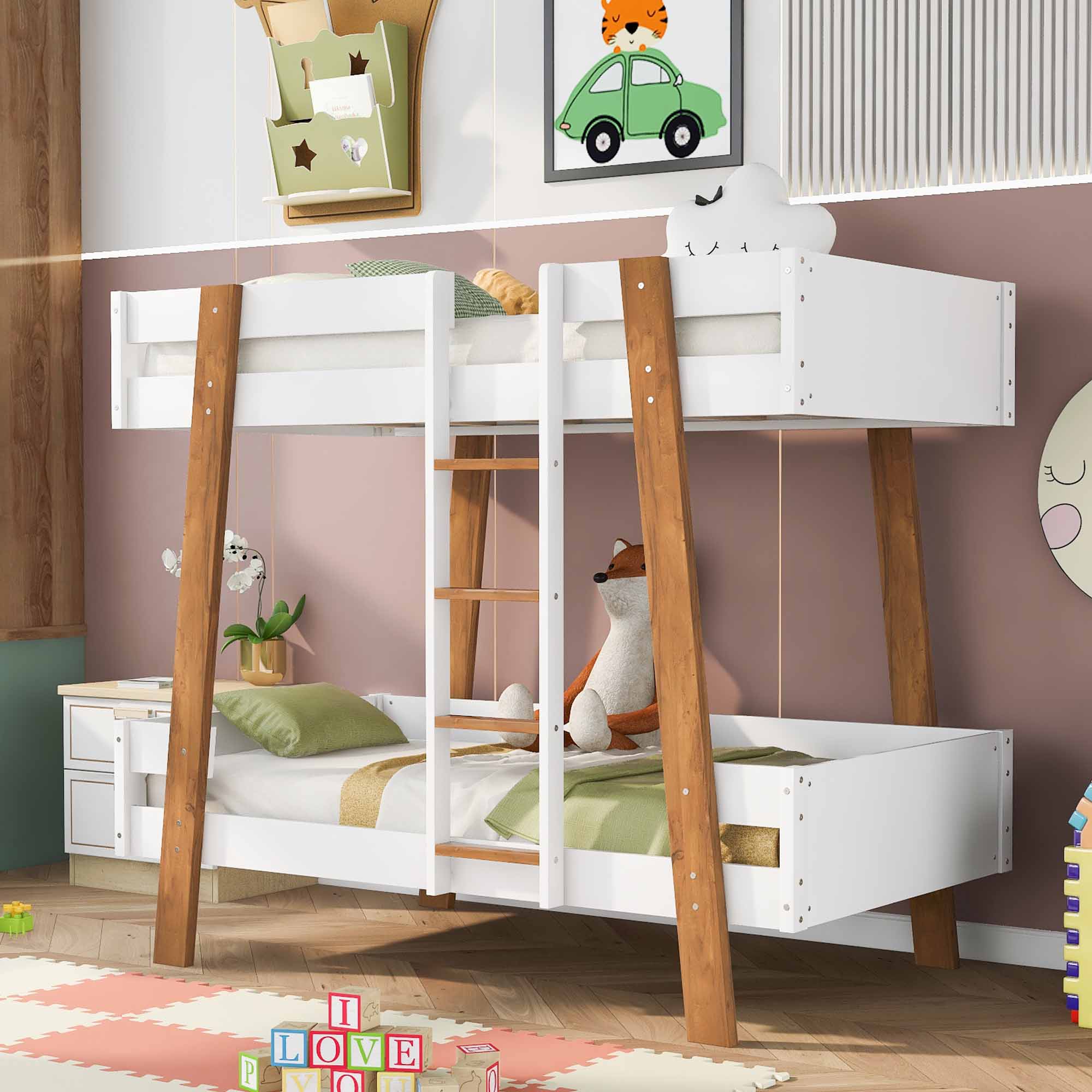 Wood Twin Size Bunk Bed With Built-in Ladder And 4 Wood Color Columns