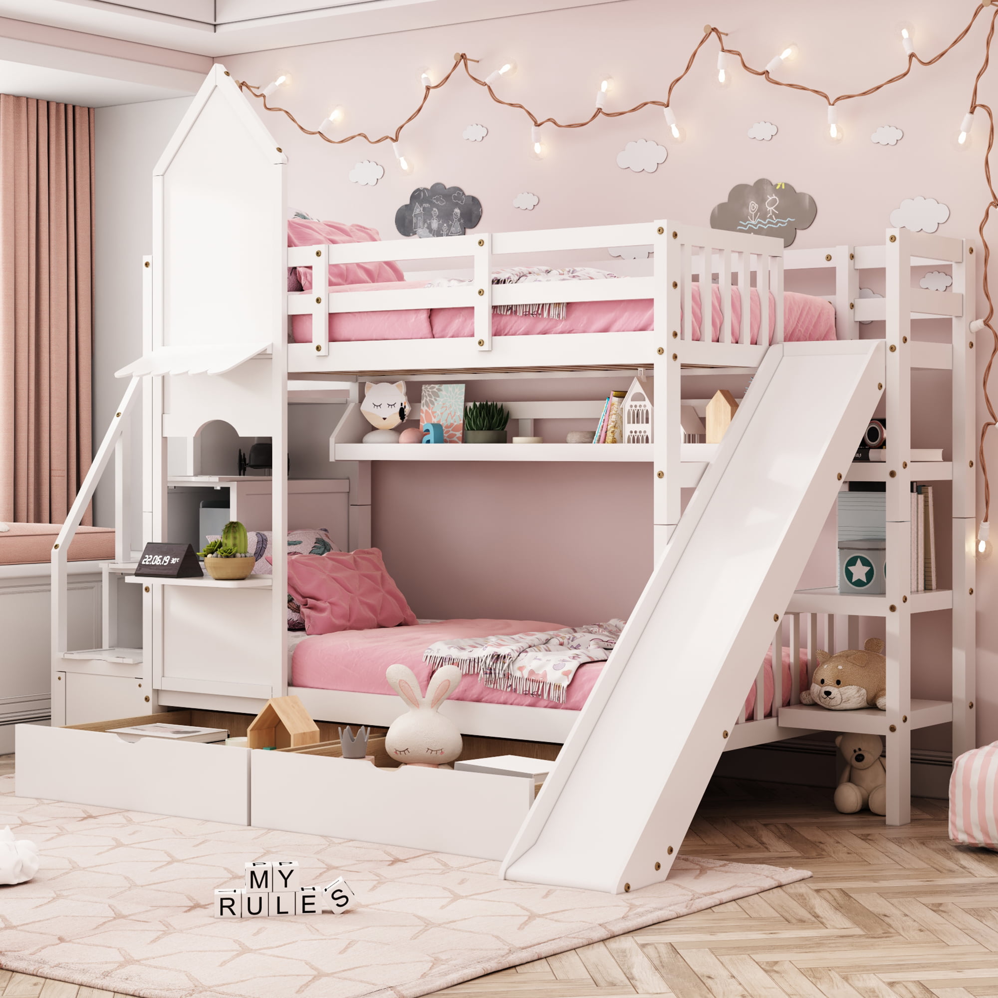 Castle Style Twin over Twin Bunk Bed With 2 Drawers 3 Shelves And Slide