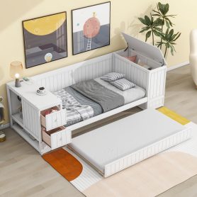 Twin Size Daybed with Storage Arms, Trundle and Charging Station