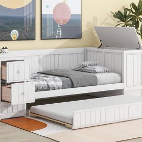 Twin Size Daybed with Storage Arms, Trundle and Charging Station