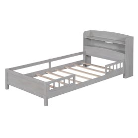 Wood Twin Size Platform Bed with Built-in LED Light, Storage Headboard and Guardrail