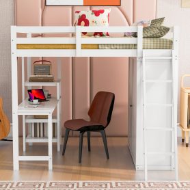 Full Size Loft Bed With Wardrobe, Desk And Shelves