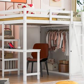 Full Size Loft Bed With Wardrobe, Desk And Shelves