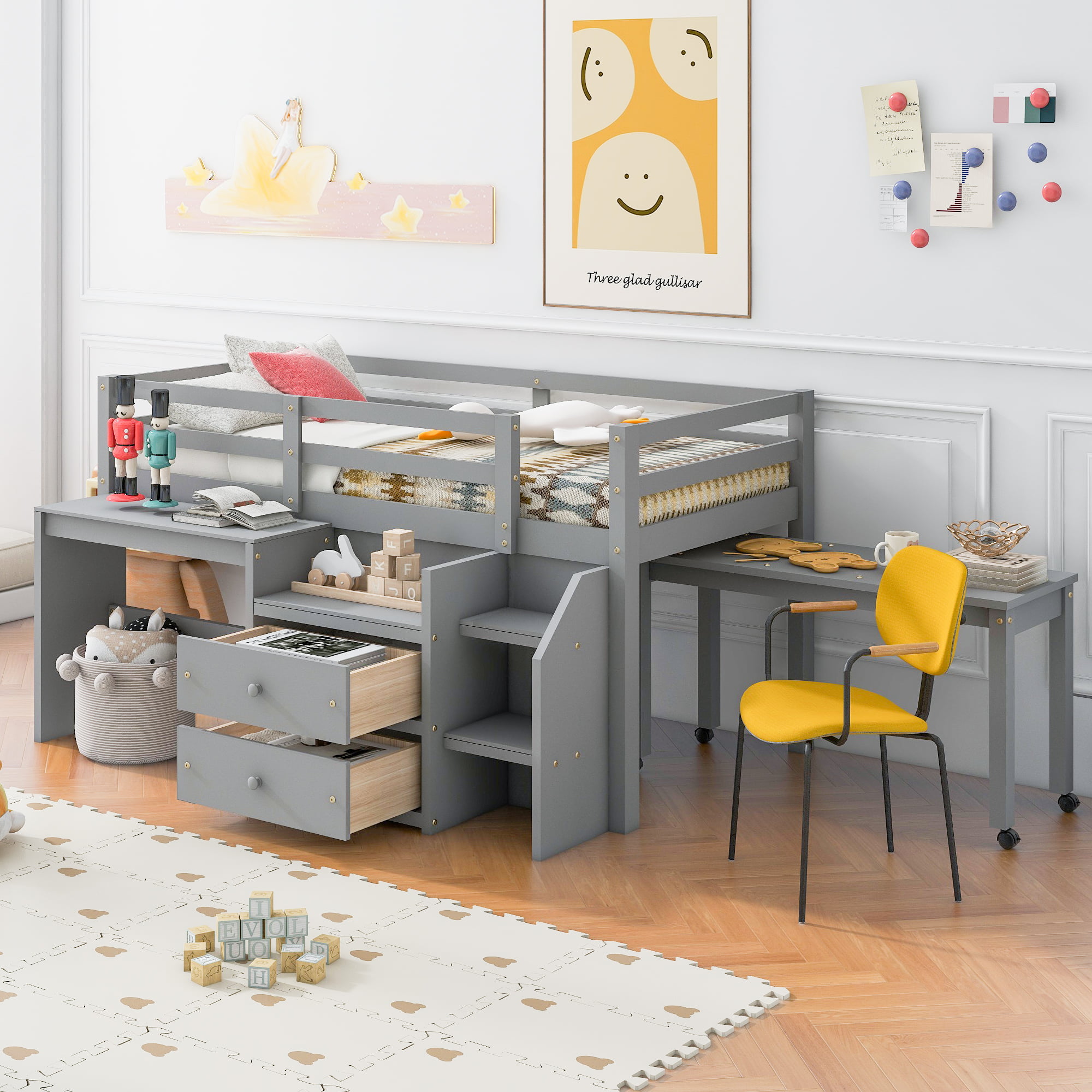 Twin Size Loft Bed With Desk, Drawers, and Lateral Portable Desk