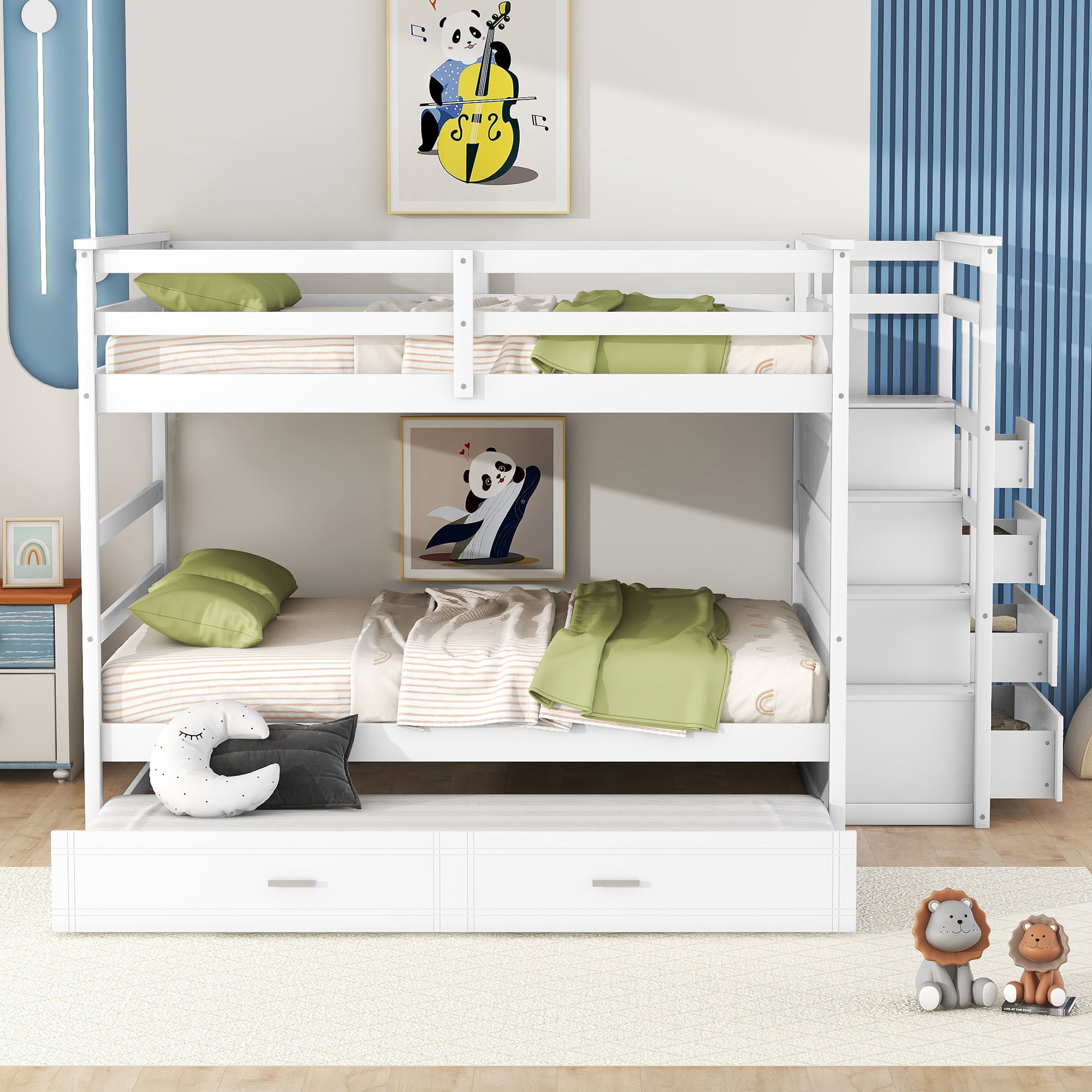 Full Over Full Bunk Beds With Twin Size Trundle And Staircase