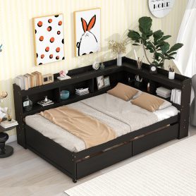 Full Size Daybed With L-Shaped Bookcases and Drawers