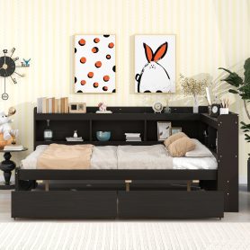Full Size Daybed With L-Shaped Bookcases and Drawers