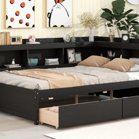 Full Size Daybed With L-Shaped Bookcases and Drawers