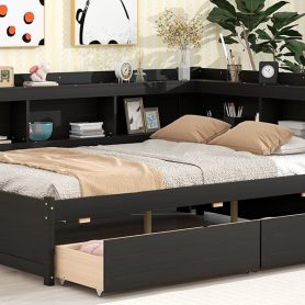 Full Size Daybed With L-Shaped Bookcases and Drawers