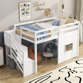 Twin Size Loft Bed with Storage Staircase and Window