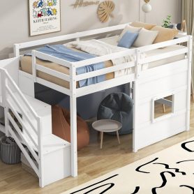 Twin Size Loft Bed with Storage Staircase and Window